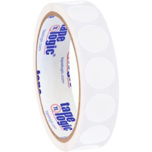 A roll of clear adhesive tape comes with MH-USA 3/4 white removable labels (500/Roll), featuring tape logic branding inside in blue and red.