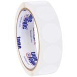 A roll of MH-USA 1 Circles - Clear Removable Labels (500/Roll) rests on a beige backing, featuring the tape logic logo and web address in vibrant blue and red.