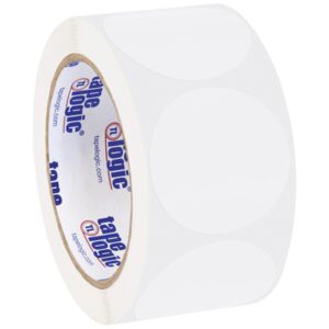 A roll of MH-USA 2 Circles - Clear Removable Labels (500/Roll) features a white backing and transparent, evenly spaced labels with blue and orange interior branding for a sleek, versatile look.