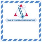 An illustration of a thermometer and clock inside a red triangle with blue diagonal borders, featuring TIME & TEMPERATURE SENSITIVE text below, framed by arrows pointing left and right, similar to the MH-USA 4 1/4 x 4 1/4 - Time And Temperature Sensitive Label (500/Roll) design.