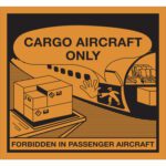 The MH-USA 4 3/8 x 4 3/4 Cargo Aircraft Only Labels feature an orange and black design with an airplane illustration, a hand signal, and a man unloading boxes. They include the text Forbidden in passenger aircraft and are available in rolls of 500.