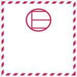 A postcard with a red, striped border, a circular logo at the top featuring a stylized letter E in three sections, similar to the MH-USA Air Labels design. The background is crisp white.