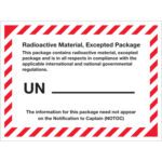 The MH-USA 4 3/8 x 3 1/4 Radioactive Material, Excepted Package labels, with a blank UN identifier and red striped border, indicate compliance with regulations. They dont need to be on the NOTOC and come in rolls of 500.