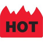A red flame-shaped icon with HOT in bold black letters resembles MH-USA 1 1/2 x 2 - Hot (Bill of Lading) Flame Labels, creating a striking alert.