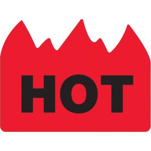A red flame-shaped icon with HOT in bold black letters resembles MH-USA 1 1/2 x 2 - Hot (Bill of Lading) Flame Labels, creating a striking alert.