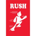 A stylized white figure on a red background, with RUSH in bold white letters above, recalls the MH-USA 2 x 3 - Rush Labels (500/Roll), featuring lines behind to suggest speed.