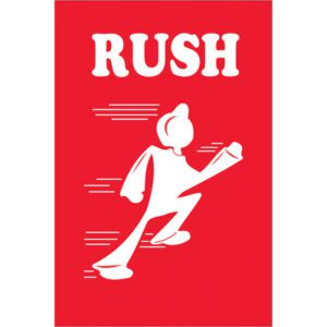 A stylized white figure on a red background, with RUSH in bold white letters above, recalls the MH-USA 2 x 3 - Rush Labels (500/Roll), featuring lines behind to suggest speed.