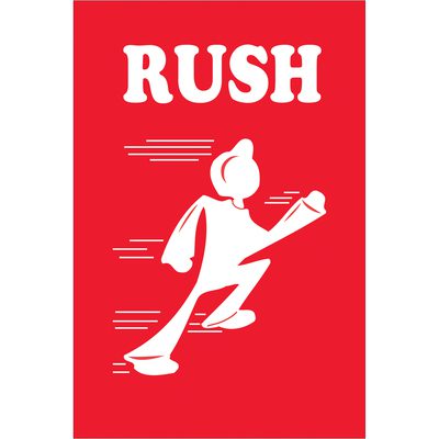 DL1450.jpg A stylized white figure on a red background, with RUSH in bold white letters above, recalls the MH-USA 2 x 3 - Rush Labels (500/Roll), featuring lines behind to suggest speed.