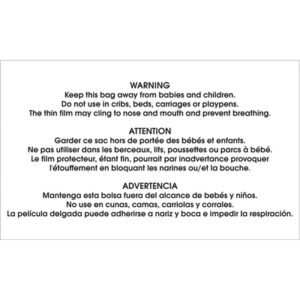 The MH-USA 3 x 5 label, in English, French, and Spanish, warns against using the bag in cribs, beds, carriages, or playpens due to suffocation risks from its thin film. Available on a roll of 500 labels.