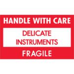 The MH-USA 3 x 5 Delicate Instruments - HWC labels, red and white with bold text: HANDLE WITH CARE, DELICATE INSTRUMENTS, FRAGILE, are perfect for marking fragile items and come in rolls of 500 for efficient use.
