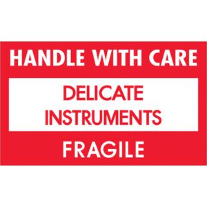 The MH-USA 3 x 5 Delicate Instruments - HWC labels, red and white with bold text: HANDLE WITH CARE, DELICATE INSTRUMENTS, FRAGILE, are perfect for marking fragile items and come in rolls of 500 for efficient use.