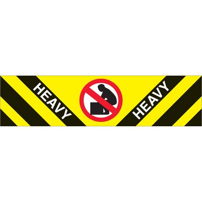 DL1470.jpg A rectangular sign with diagonal black and yellow stripes, featuring a red circle and slash over a person lifting a box, displays HEAVY in bold white letters twice on the black stripes, similar to MH-USA 2 x 8 - Heavy Labels (500/Roll) for clear weight warnings.