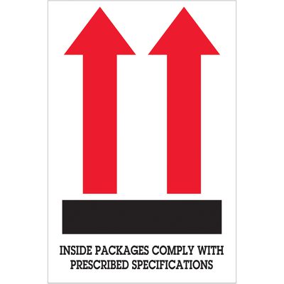 DL1480.jpg The MH-USA 4 x 6 Arrow Labels display two red arrows pointing up and the text INSIDE PACKAGES COMPLY WITH PRESCRIBED SPECIFICATIONS. Sold in rolls of 500, they ensure efficient packaging.