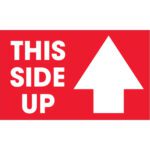 A red rectangular sign with bold white text reading THIS SIDE UP and a large upward-pointing arrow resembles the MH-USA 3 x 5 - This Side Up Arrow Labels (500/Roll) designed to ensure proper package handling.