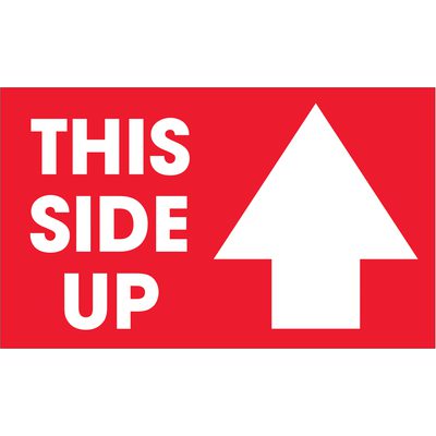 DL1481.jpg A red rectangular sign with bold white text reading THIS SIDE UP and a large upward-pointing arrow resembles the MH-USA 3 x 5 - This Side Up Arrow Labels (500/Roll) designed to ensure proper package handling.