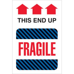 MH-USA 4 x 6 - This End Up - Fragile Labels (500/Roll) feature three red upward arrows, THIS END UP, and a blue-black striped section with bold red FRAGILE. Ideal for safety.