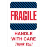 Introducing the MH-USA 4 x 6 - Fragile - Handle With Care labels, featuring bold red FRAGILE text. Below, HANDLE WITH CARE and Thank You! enhance caution on a clean white background, framed by blue and black diagonal stripes. Each roll includes 500 essential labels.