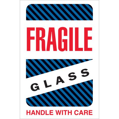 DL1570.jpg Image of MH-USA 4 x 6 Fragile - Glass - Handle With Care Labels (500/Roll) with bold red text stating FRAGILE on top and HANDLE WITH CARE at the bottom, while GLASS diagonally cuts through a striking blue and black striped backdrop.