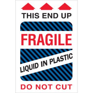 MH-USA 4 x 6 - Fragile - Liquid in Plastic labels feature three red upward arrows and the text This End Up, Do Not Cut in red and black on a blue striped background. Available in rolls of 500 for ample packaging supply.