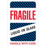 A 4 x 6 label from MH-USA Fragile - Liquid in Glass collection features bold red FRAGILE text on a striped blue backdrop, with LIQUID IN GLASS in the center and red HANDLE WITH CARE at the bottom—perfect for labeling delicate items.