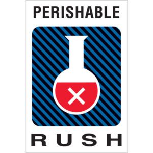 The MH-USA 4 x 6 Perishable Rush labels feature a lab flask illustration with a red base and white X, set against blue diagonal stripes. Each roll contains 500 labels for urgent shipping.