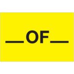 A bright fluorescent yellow rectangle from the MH-USA 2 x 3 - ___ of ___ labels features OF in bold black capital letters, with horizontal black lines on either side signifying fillable blanks. Comes in a roll of 500 labels.