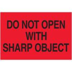 The MH-USA 2 x 3 fluorescent red label features a bold DO NOT OPEN WITH SHARP OBJECT warning in black letters, ensuring high visibility. Available in rolls of 500 for convenient use.