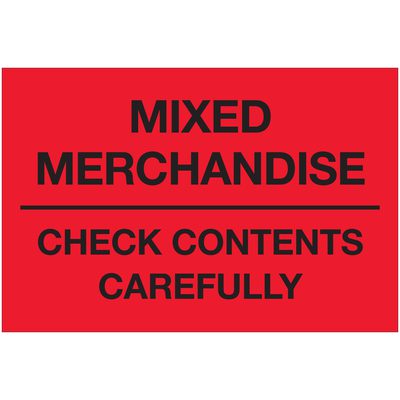 DL1621.jpg The MH-USA 2 x 3 labels feature bold black text MIXED MERCHANDISE on fluorescent red, separating to CHECK CONTENTS CAREFULLY by a line, with 500 labels per roll.