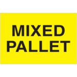 A yellow sign with bold black text reads MIXED PALLET, resembling the vibrant MH-USA 2 x 3 Mixed Pallet Fluorescent Yellow labels, available in rolls of 500.