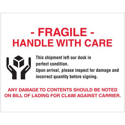 DL1636.jpg The MH-USA 8 x 10 Fragile - Handle With Care Labels (250/Roll) feature red text and a hands-holding-box icon. They advise inspecting shipments for damage on arrival and noting any issues on the bill of lading to support claims.