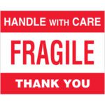 The MH-USA 8 x 10 labels, in red and white, prominently display HANDLE WITH CARE, FRAGILE, and THANK YOU in bold capitals. Each roll includes 250 of these essential labels.