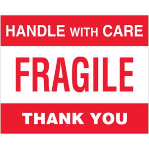 The MH-USA 8 x 10 labels, in red and white, prominently display HANDLE WITH CARE, FRAGILE, and THANK YOU in bold capitals. Each roll includes 250 of these essential labels.