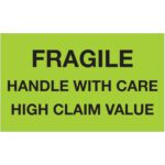 The MH-USA 3 x 5 labels, fluorescent green with bold black text stating FRAGILE HANDLE WITH CARE HIGH CLAIM VALUE, come in rolls of 500.