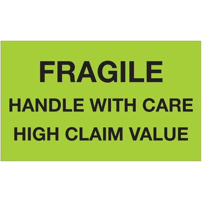 DL1641.jpg The MH-USA 3 x 5 labels, fluorescent green with bold black text stating FRAGILE HANDLE WITH CARE HIGH CLAIM VALUE, come in rolls of 500.