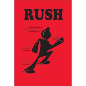 Illustration of a stylized figure in motion against a fluorescent red background resembling MH-USA 2 x 3 Rush labels (500/Roll), with RUSH in bold black and speed lines trailing to depict rapid movement.