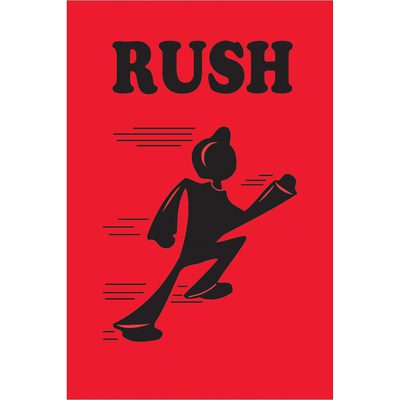 DL1690.jpg Illustration of a stylized figure in motion against a fluorescent red background resembling MH-USA 2 x 3 Rush labels (500/Roll), with RUSH in bold black and speed lines trailing to depict rapid movement.
