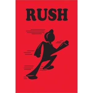 A dynamic black figure races forward on a fluorescent red background with speed lines, holding an object. The bold word Rush crowns this scene, perfect for MH-USA 4 x 6 labels (500/roll), conveying urgency and motion.