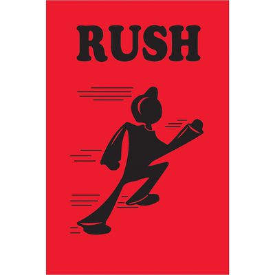 DL1700.jpg A dynamic black figure races forward on a fluorescent red background with speed lines, holding an object. The bold word Rush crowns this scene, perfect for MH-USA 4 x 6 labels (500/roll), conveying urgency and motion.