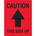 The MH-USA 3 x 4 labels have red background, black text CAUTION - This Side Up, and an upward-pointing arrow. They come on rolls of 500, ideal for ensuring safe handling and correct orientation during shipping.