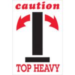 The MH-USA 4 x 6 Caution - Top Heavy Arrow Labels (500/Roll) feature a black rectangle for top-heavy weight, bordered by red arrows. CAUTION in red appears at the top, and TOP HEAVY warns of tipping risk at the bottom.