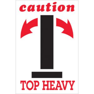 The MH-USA 4 x 6 Caution - Top Heavy Arrow Labels (500/Roll) feature a black rectangle for top-heavy weight, bordered by red arrows. CAUTION in red appears at the top, and TOP HEAVY warns of tipping risk at the bottom.