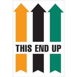 A sign displaying three upward arrows—orange on the left, black in the center, green on the right—has text below stating THIS END UP, ideal for MH-USA 4 x 6 - This End Up Arrow Labels (500/Roll).