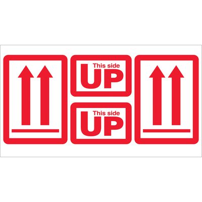 DL1890.jpg The MH-USA 5 x 9 - This Side Up Arrow Labels (500/Roll) feature two red upward arrows and bold red text within red and white rectangular borders, ensuring careful package handling.