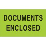 The MH-USA 3 x 5 fluorescent green labels, featuring bold black text Documents Enclosed, come in a roll of 500 for easy use and visibility.