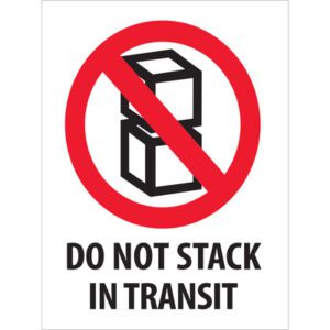 A warning sign of two stacked boxes crossed by a red circle and diagonal line with DO NOT STACK IN TRANSIT, resembles MH-USA 3 x 4 Do Not Stack In Transit Labels, 500 per roll.