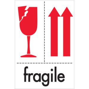 The MH-USA 4 x 6 Fragile Labels (500/Roll) have a shipping label featuring a red broken glass icon on the left, two upward arrows on the right, and fragile boldly printed in black to ensure careful handling.
