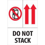 The MH-USA 4 x 6 Do Not Stack labels feature a crossed-out stacked boxes image on the left and two red arrows pointing upward on the right, with bold black text reading DO NOT STACK. Available in rolls of 500 for efficient usage.