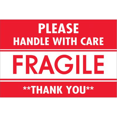 DL2157.jpg A sign with bold letters reads PLEASE HANDLE WITH CARE FRAGILE THANK YOU, similar to MH-USAs 2 x 3 Fragile - Handle With Care labels, available in a roll of 500.