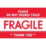 The MH-USA 2 x 3 labels in red and white feature messages like PLEASE DO NOT DOUBLE STACK, FRAGILE, and THANK YOU, ensuring item safety. Conveniently, these labels come in rolls of 500.