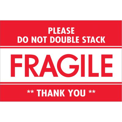 DL2158.jpg The MH-USA 2 x 3 labels in red and white feature messages like PLEASE DO NOT DOUBLE STACK, FRAGILE, and THANK YOU, ensuring item safety. Conveniently, these labels come in rolls of 500.